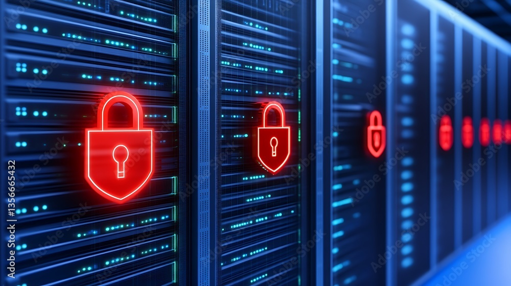 Poster secure data center with red padlock icons representing cybersecurity and digital protection of infor