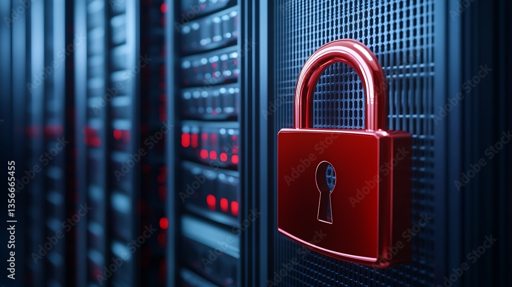 Poster secure data center with red padlock symbolizing cybersecurity and digital protection measures in mod