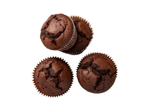 Tasty chocolate muffins arranged on a white transparent background, cutout stock PNG for food blogs, bakery websites, menu cards, or e-commerce graphics