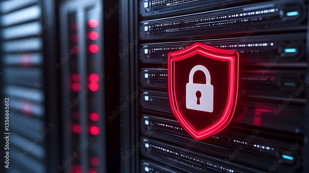 Poster secure data server with digital lock icon for cybersecurity and data protection concepts in technolo