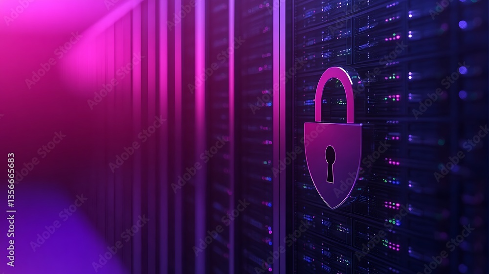 Poster secure data storage concept with digital lock and colorful lights in server room background