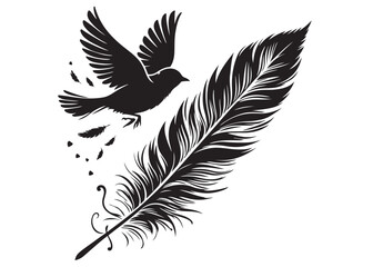 Obraz premium vector silhouette of a feather with flying bird logo, feather with flying bird logo icon, feather with bird logo design black animal, black feather with flying bird silhouettes on white background