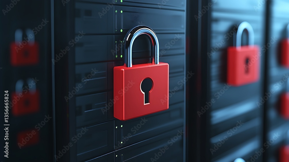 Poster secure data storage concept with red padlock on server rack highlighting cybersecurity and protectio