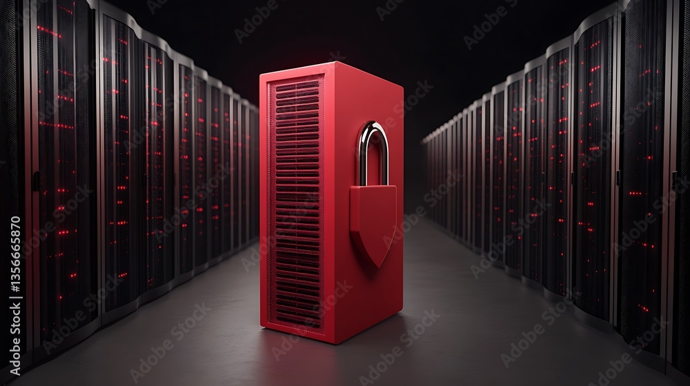 Poster secure data storage concept with red server and padlock in a dark server room environment