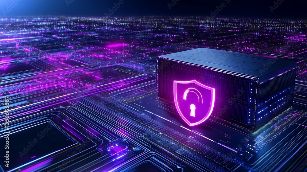 Poster secure data storage concept with shield symbol and futuristic network background in vibrant colors