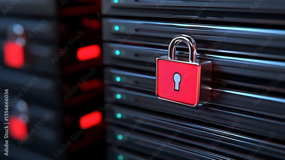 Poster secure data storage with lock symbol on server rack highlighting cybersecurity importance in technol