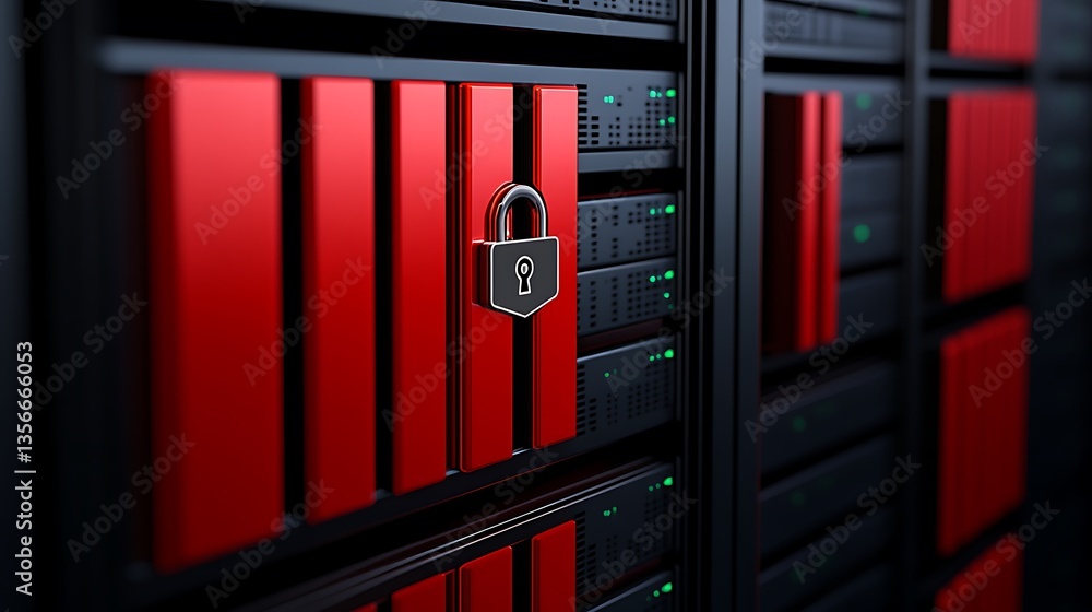 Poster secure data storage with locked red server racks and green lights in a modern data center environmen