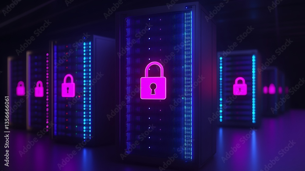 Aufkleber secure data storage with neon lock symbol on server racks in modern digital environment at night