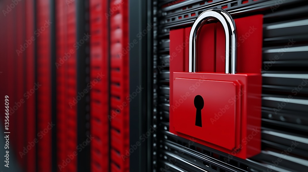 Poster secure data storage with red lock on server rack representing cybersecurity and data protection meas