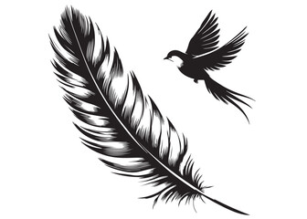 Obraz premium vector silhouette of a feather with flying bird logo, feather with flying bird logo icon, feather with bird logo design black animal, black feather with flying bird silhouettes on white background