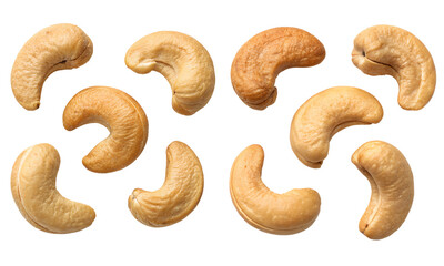 Fototapeta premium Cashew nuts isolated, Fresh nuts collection, Collection set of cashew nuts isolated