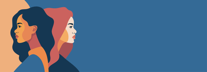 Women of different cultures and nationalities stand together. Vector horizontal banner for women projects, women empowerment, women health, women's day, gender equality, feminism