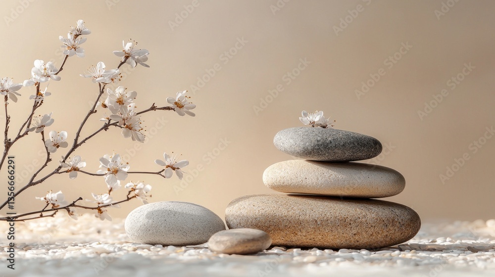 Poster soft light bathes a carefully arranged stack of smooth stones beside delicate white blossoms. this s