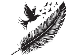 vector silhouette of a feather with flying bird logo, feather with flying bird logo icon, feather with bird logo design black animal, black feather with flying bird silhouettes on white background