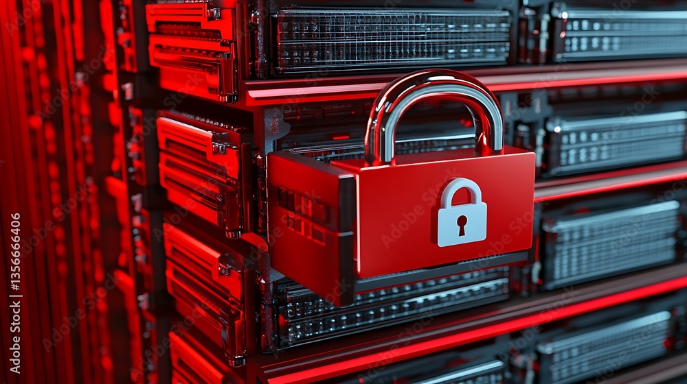 Poster secure digital storage concept with lock on server rack representing data protection and cybersecuri