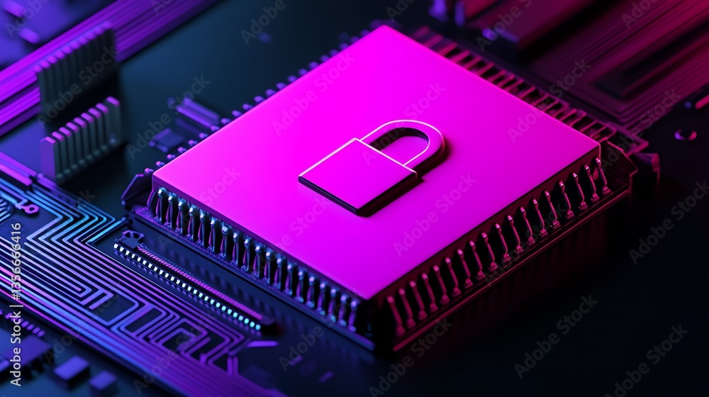 Poster secure digital technology concept with lock on microprocessor circuit board in neon lighting