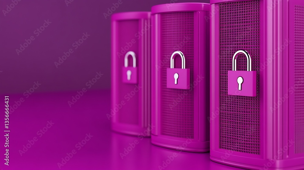 Poster secure digital storage with pink lock and modern server design for data protection and privacy