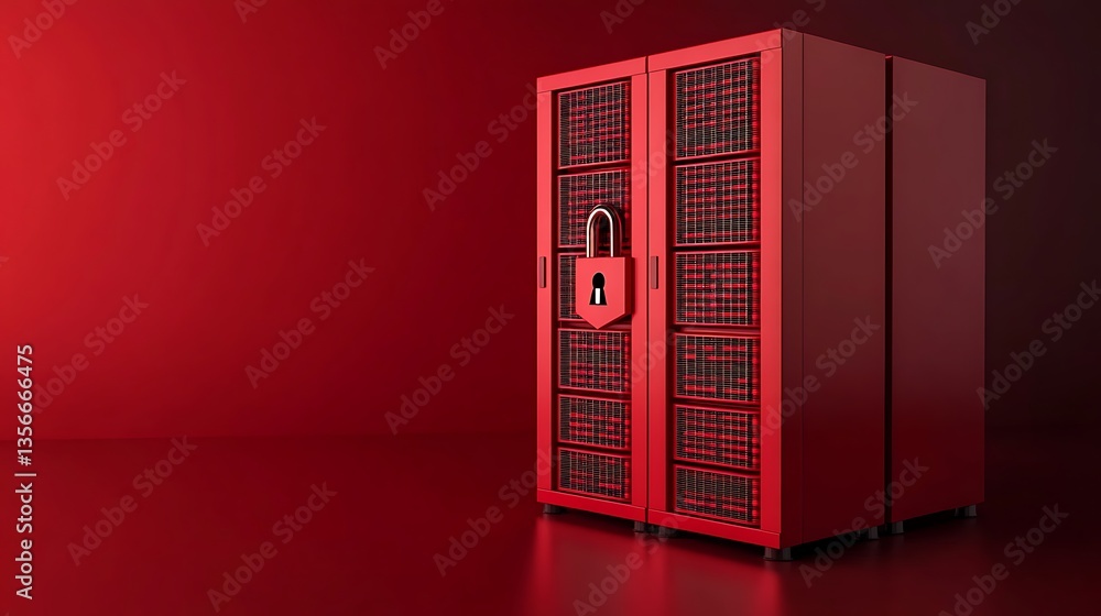 Poster secure red server rack with padlock symbol representing data protection and cybersecurity measures