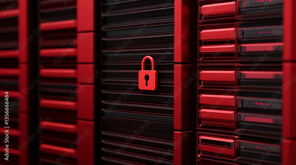 Poster secure red server rack with padlock symbolizing data protection and cybersecurity in technology infr