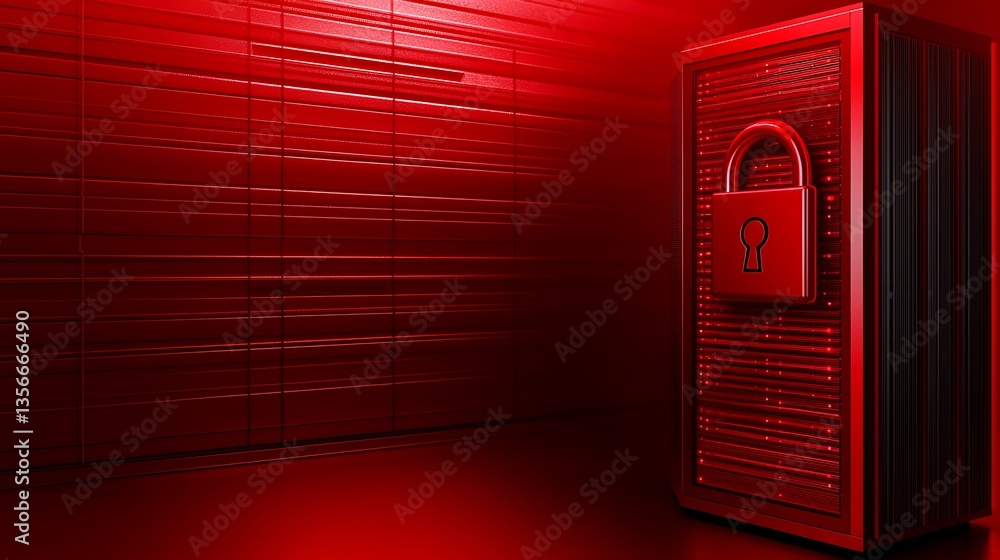 Poster secure red server with lock symbolizing data protection and cybersecurity concepts in modern technol