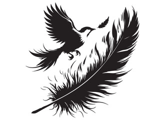 Obraz premium vector silhouette of a feather with flying bird logo, feather with flying bird logo icon, feather with bird logo design black animal, black feather with flying bird silhouettes on white background
