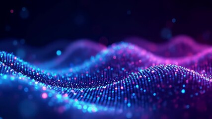 Abstract digital wave visualization with blue and purple particles flowing in dynamic motion. Futuristic technology concept with glowing dots forming network patterns. Data in illuminated neon colors - Powered by Adobe