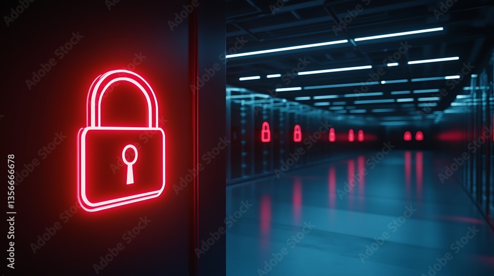 Poster security concept with neon lock icon in data center representing cybersecurity and data protection
