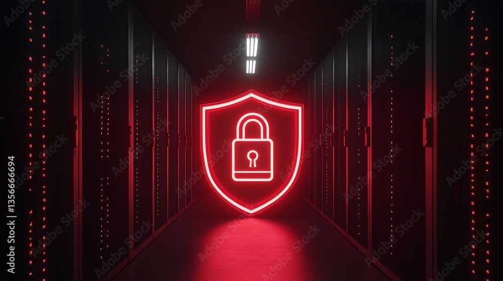 Aufkleber shield with lock icon illuminated in red, digital security concept in dark server room environment