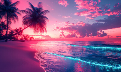 Tropical Beach at Dusk with Neon Waves and Vaporwave Gradient Sky Background