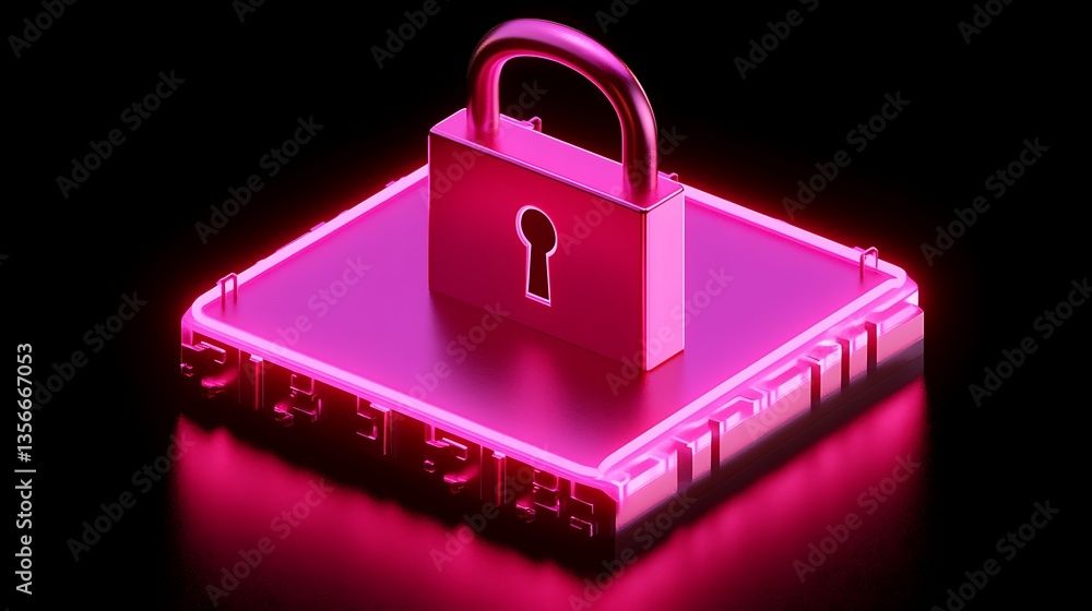 Poster vibrant neon lock on a platform with a smooth, glossy finish for security and technology concepts