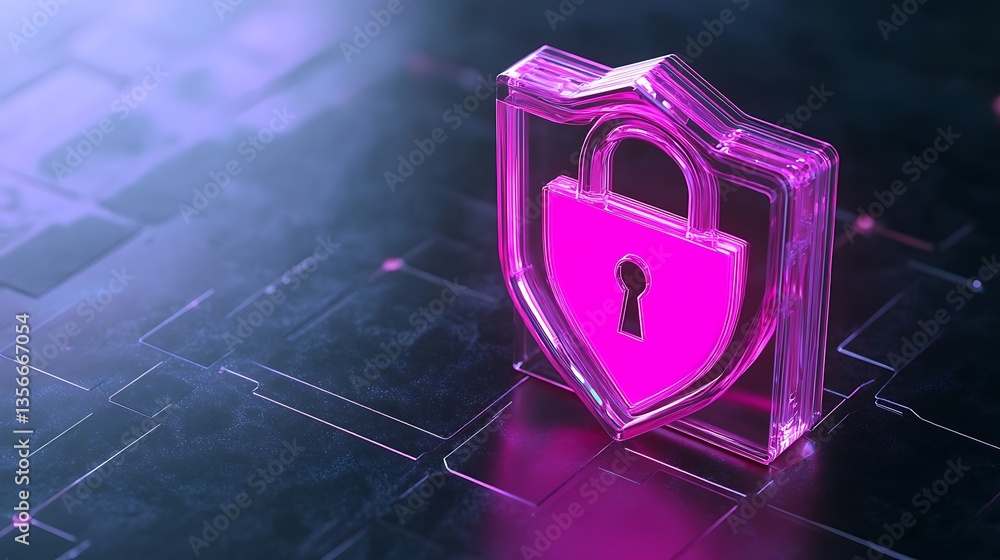 Poster vibrant digital shield with lock symbol representing cybersecurity and data protection in modern tec