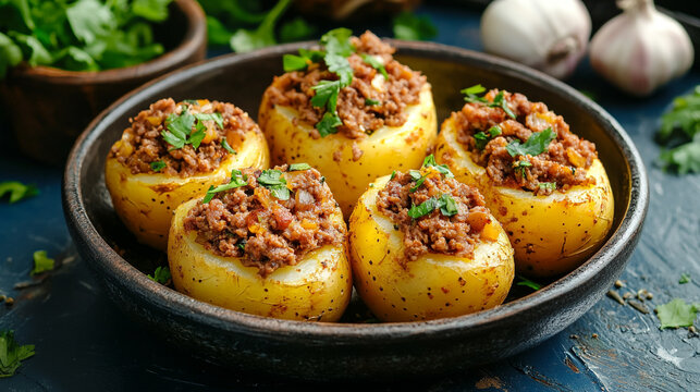 Close up of a bowl of stuffed potatoes with meat and garnished with fresh parsley on a blue surface