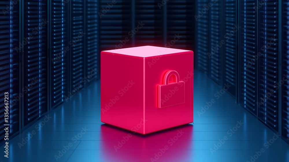 Poster vibrant pink data security box with lock symbol in a digital server environment for technology and c