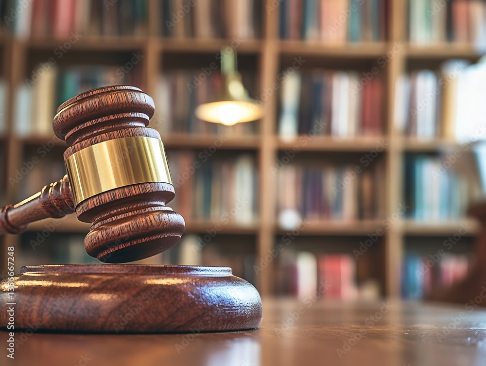 Poster wooden gavel and sound block on bookshelf background