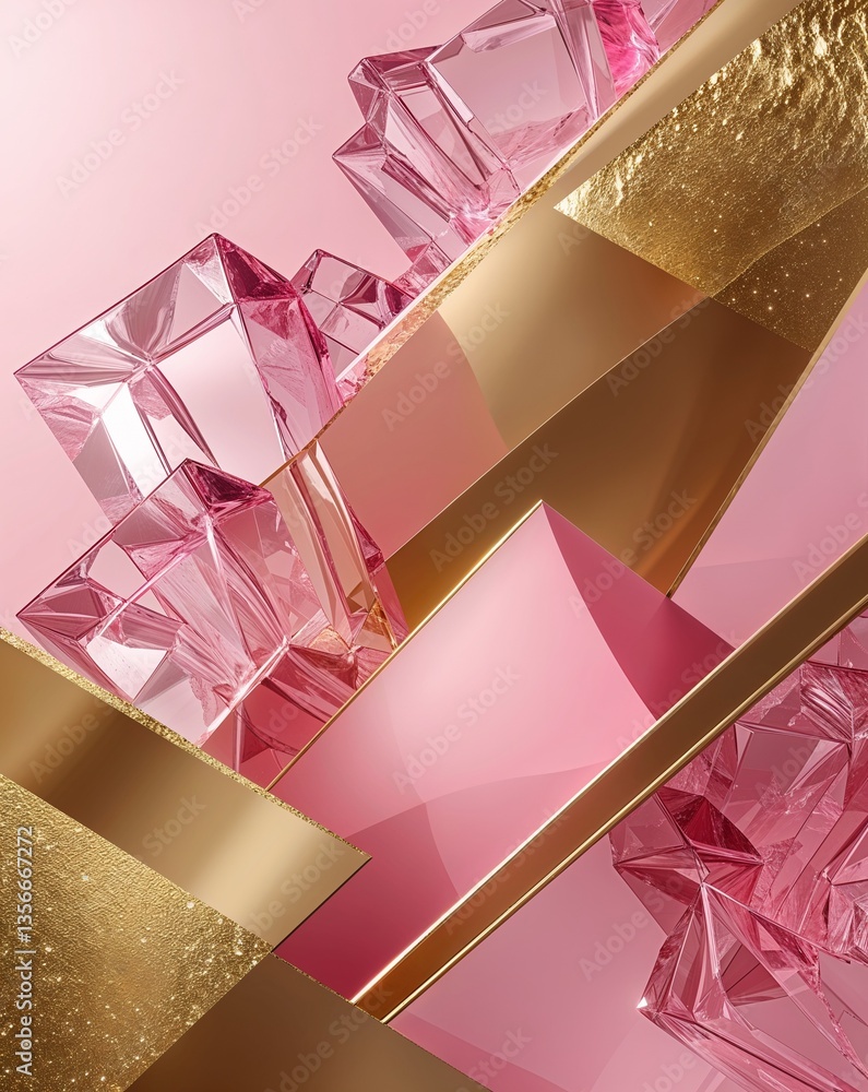 Poster gold with pink transparent geometric shapes layer abstract background for card or greeting template 