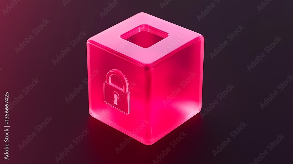 Poster vibrant pink security lock block with transparent design on dark background for digital protection c