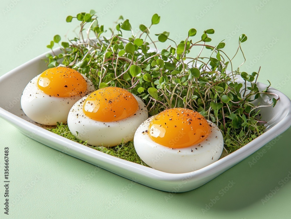 Poster appetizing halved eggs with vibrant yolks and delicate sprouts on a pristine white plate against a s
