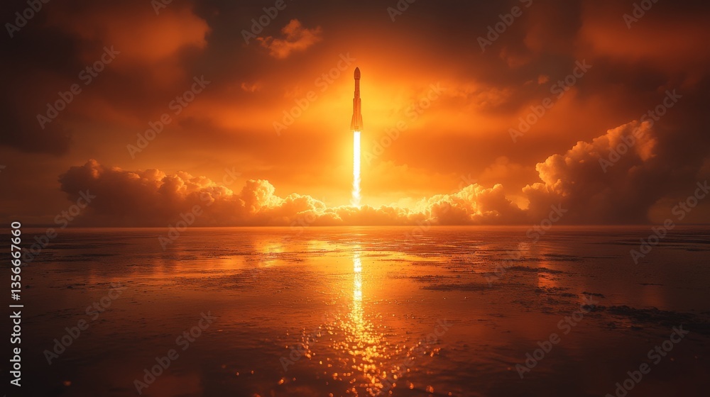 Poster a massive rocket ascends into the sky during dawn, its powerful engines igniting and casting a vivid