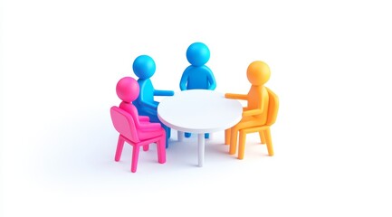 3D Icon of Three Colorful People Sitting at a Table and Talking, White Background, 2D Illustration Style, Minimalistic, Isometric View, Bright Colors, High Resolution, No Shadows