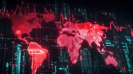 Digital World Map with Red Data Visualization and Cyber Elements