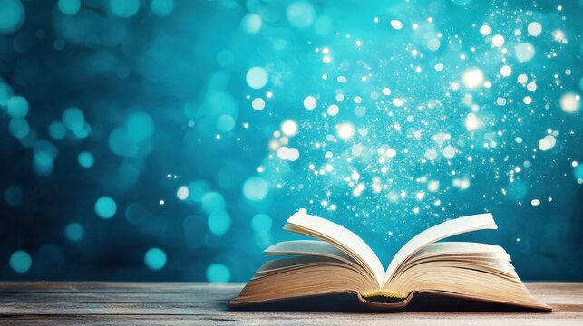 An open book emits magical light and sparkles against a blue background, symbolizing imagination and the power of reading.