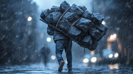 Figure carries heavy backpack filled with dark stones representing the invisible burden of depression in somber lighting