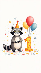 A delightful birthday-themed illustration featuring a cute watercolor raccoon, a colorful number '1,' and bright, floating party balloons.