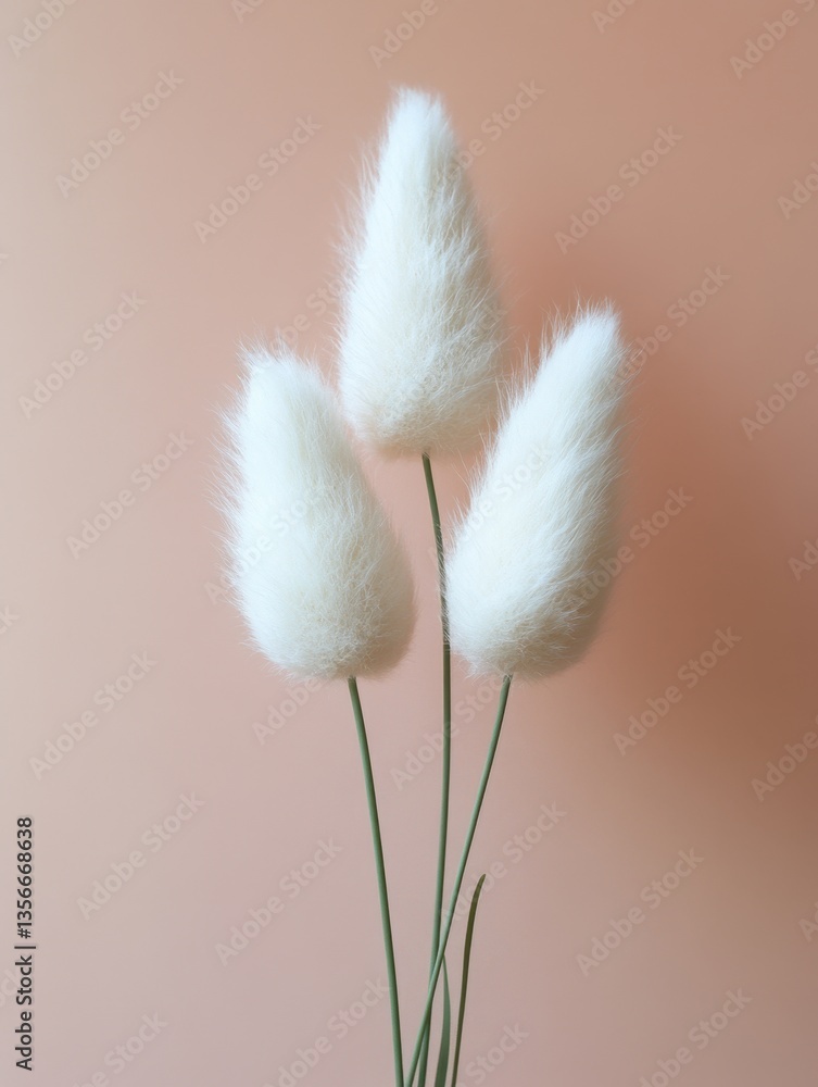 Poster fluffy white bunny tail grass plumes against a soft peach background creating a serene and elegant v