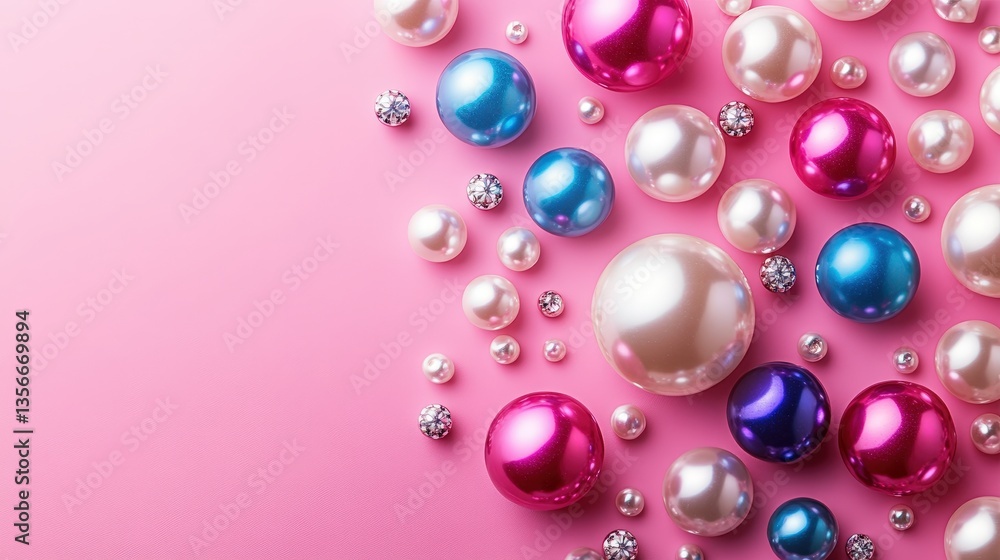 Aufkleber a colorful assortment of pearls and gems scattered on a pink background, creating a vibrant and eleg