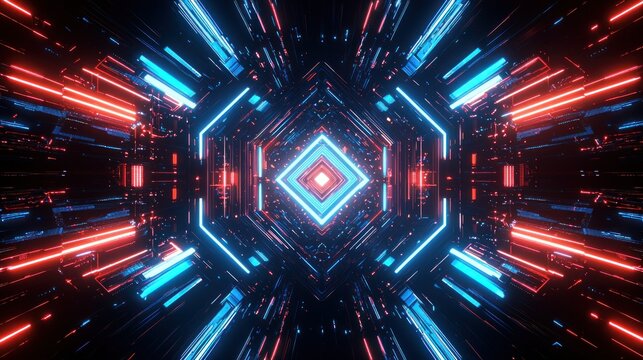 Futuristic Neon Tunnel -  Abstract Geometric Space -  Glowing Lines -  Possible use  Background, wallpaper