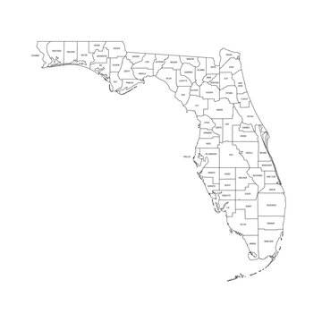 Florida, FL - detailed political map of US state. Administrative map divided into counties. Thin black outline map with county name labels. Vector illustration
