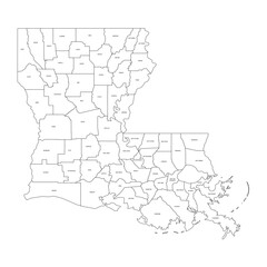 Obraz premium Louisiana, LA - detailed political map of US state. Administrative map divided into counties. Thin black outline map with county name labels. Vector illustration