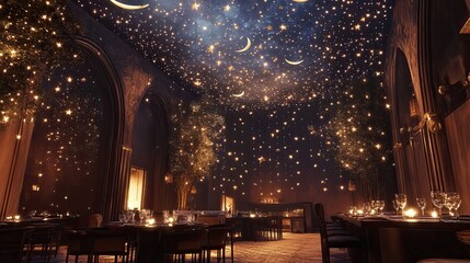 A star-filled Eid ceiling projection shining above a dimly lit room
