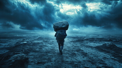 Person walking with a heavy stone burden on their shoulders in a dark, moody landscape representing emotional weight